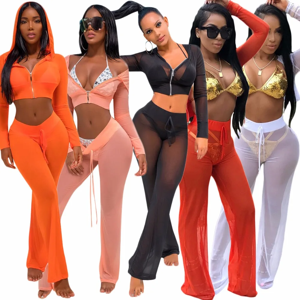 

Women Two Pieces Sets Sexy Mesh Transparent Clothing Set Long Sleeve Zipper Hoodies Crop Top and Elastic Waist Pants Clubwear