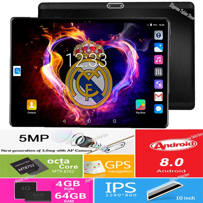 2.5D 10 дюймов Android 8,0 Tablet PC 1280x800 Octa Core 4 Гб Оперативная память 64 Гб Встроенная память 5.0MP Dual SIM карты 4G Телефонный звонок видео таблетки
