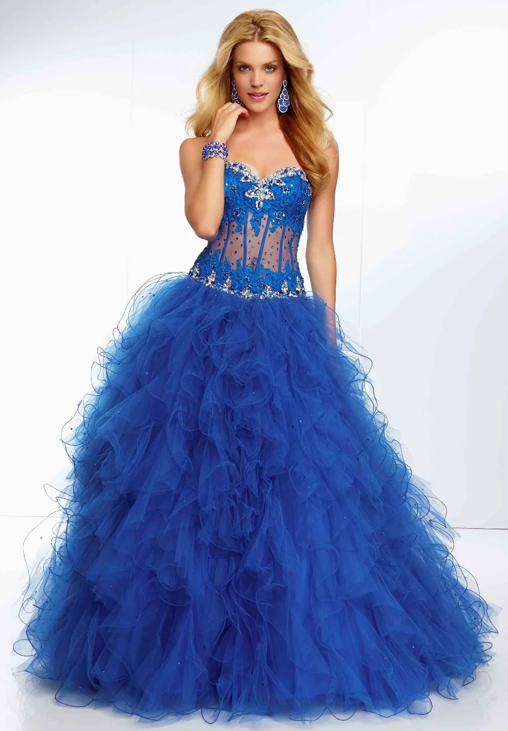 

2014 New High-quality New Custom Made Blue Charming Satin Organza Beading Pearls Diamond Prom Dress /Party Dress/Ball Gown
