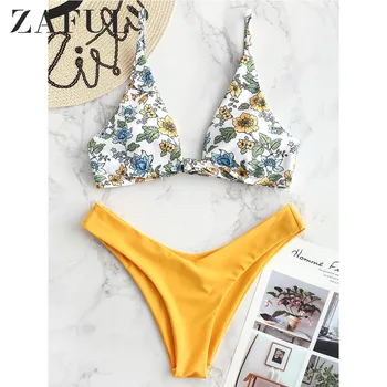 

ZAFUL Bikini Push Up Flower Mix And Match Bikini Set Plunging Neck Prairie Chic Swim Suit Beach Holiday Casual Bathing Suit