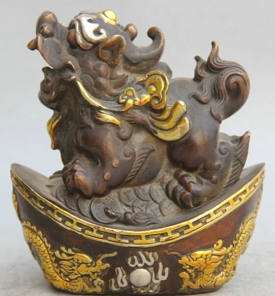 

JP S0522 7" Chinese Bronze Gild Silver Wealth Money Dragon Unicorn Beast Pi Xiu sculpture