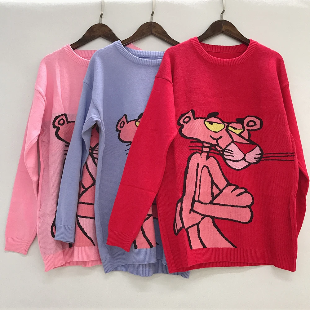 

New Korean Pink Panther Women Sweater Cartoon Leopard Loose Sweater Pullover Autumn Winter Fashion Garfield Girl Clothes Tops