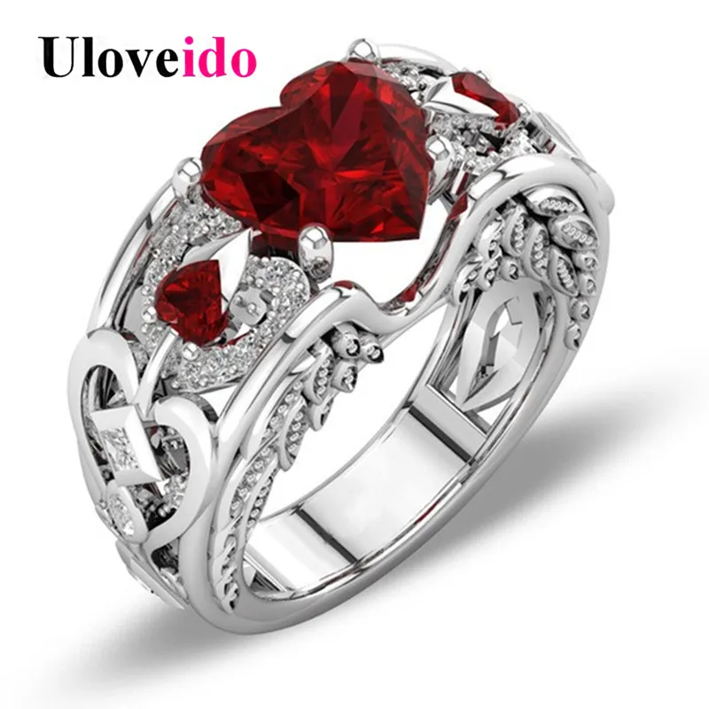 

Uloveido Hollow Wedding Rings for Women Accessories Heart Ring with Red Stones Crystal Engagement Jewelry Gifts for Women Y378