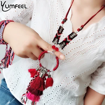 

Yumfeel Brand Handmade Bohemian Necklaces Cotton Thread Ribbon Tassels Long Necklace Women Jewelry
