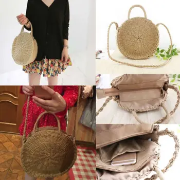 

NEW Womens Boho Straw Retro Travel Organizer Pouch Storage Bags Handbags Lady Bag Rattan Round Crochet Knitted Messenger Bags