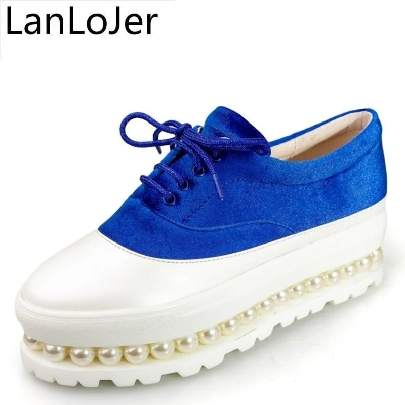 

LanLoJer Fashion Increasing Platform Round Toe Pu Flock Beading Leather Loafers Pearl Lace Up Big Size Casual Superstar Shoes
