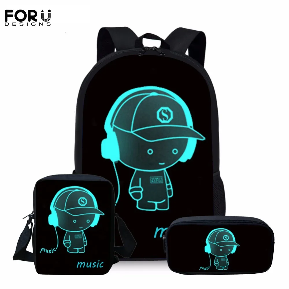 FORUDESIGNS Black School Bag Sets Luminous Schoolbag for Teenager Girls Cute Children Kids School Bags Bookbags Mochila Escolar