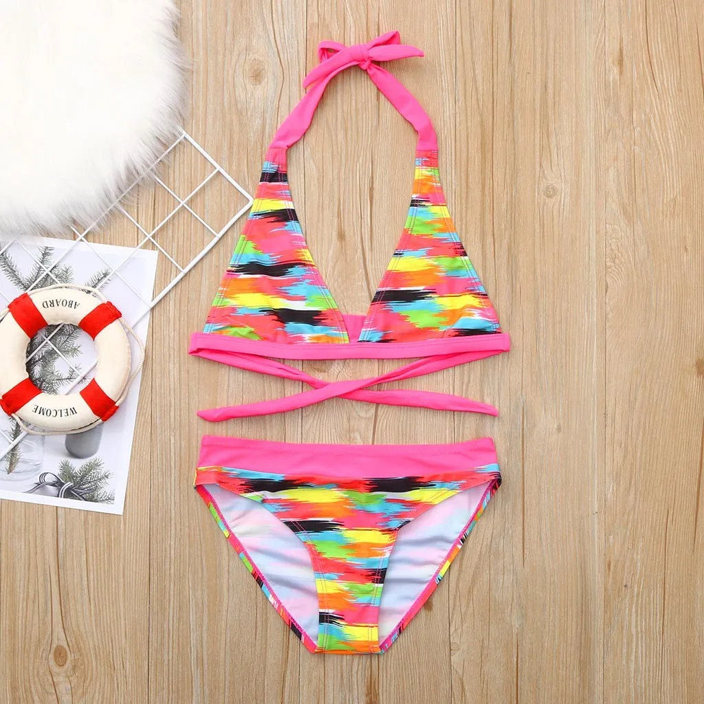 

Summer Kid Girls Floral Bikini Set Bandage Print Cute Swimwear Bathing Suit Beach Wear Children 5-16 Years Swimsuits Bikini