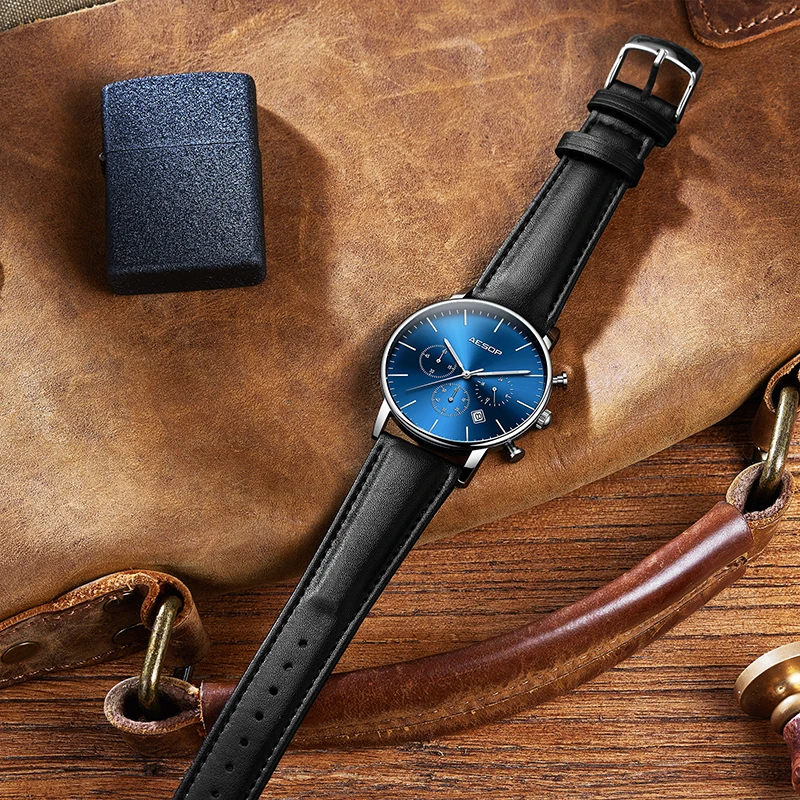 

2018 Aesop New Fashion Mens Watches Militray Sport Quartz Men Watch Leather Waterproof Male Wristwatches Relogio Masculino