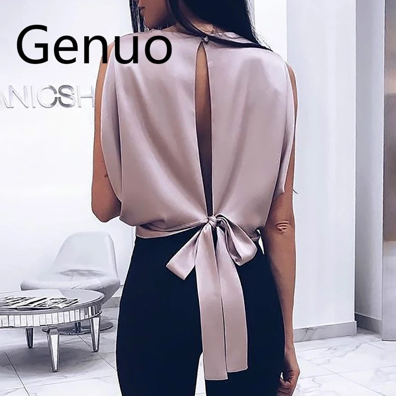 Blusa informal sin mangas para mujer, camisa elegante con abertura en espalda anudada para fiesta, 2019|Blusas y camisas| - AliExpress