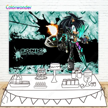 

Game Character Sonic with Cool Mechanical Clothes Background Photography Green Stainless Steel Backdrops for Kids Birthday Party