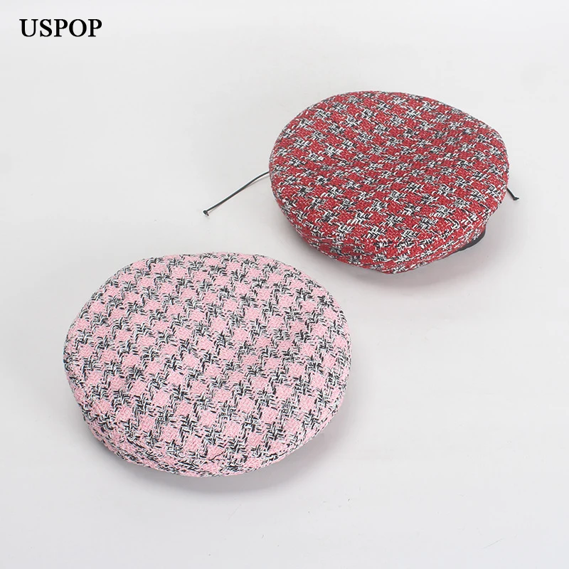 

USPOP 2019 New woman berets tweed plaid beret hat female leather edges berets caps women adjustable autumn painter hats