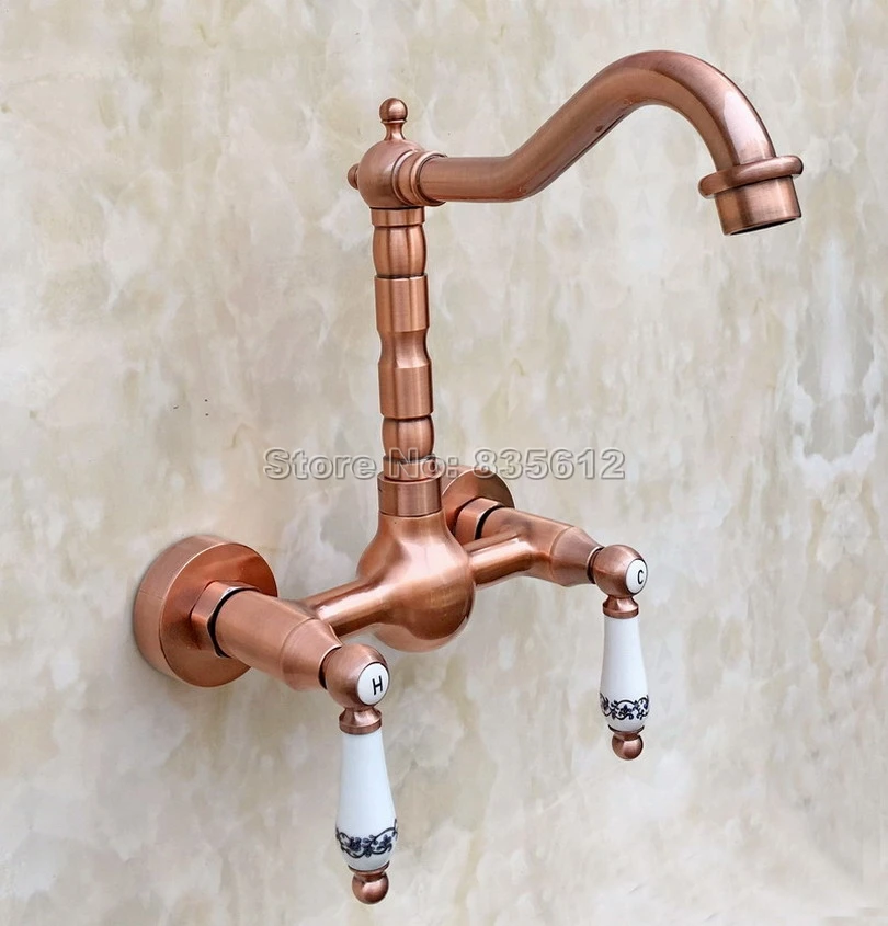 Antique Red Copper Wall Mounted Swivel Spout Basin Sink Faucet / Dual