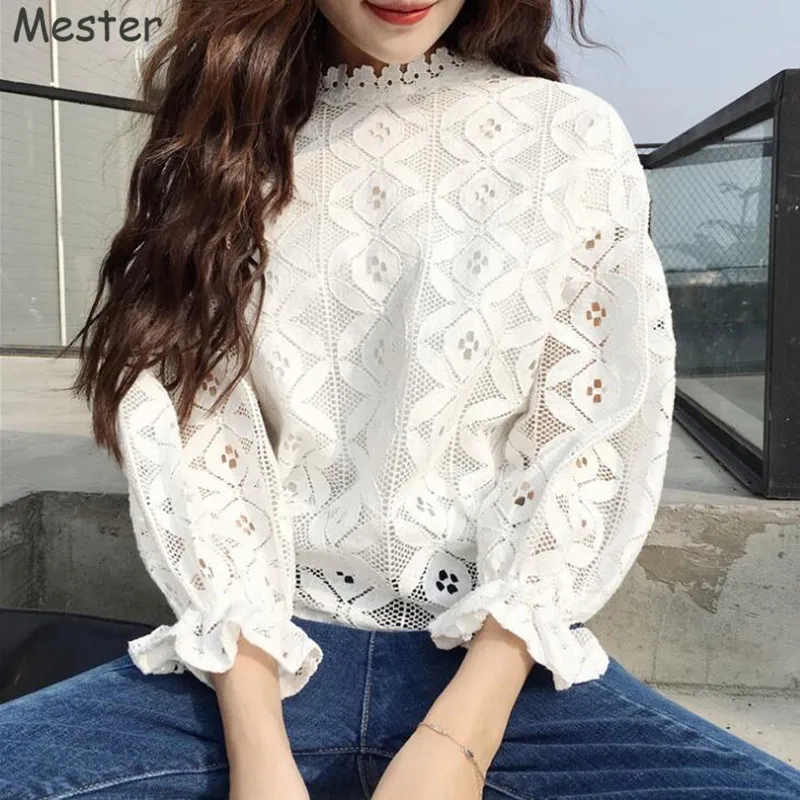 Women Stand Collar Lace Blouse Girls Sweet Cute Lantern Sleeve Hollow Out Ruffled Short Lace Tops Loose Shirts White/Black white-cotton-lace-top : image Women Stand Collar Lace Blouse Girls Sweet Cute Lantern Sleeve Hollow Out Ruffled Short Lace Tops Loose Shirts White/Black white-cotton-lace-top