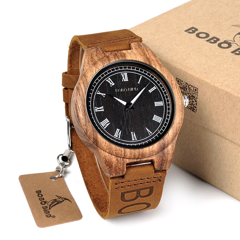 BOBOBIRD Mens Wooden Wristwatch Causal Quartz Watch with Branded Brown Leather in Gift Box