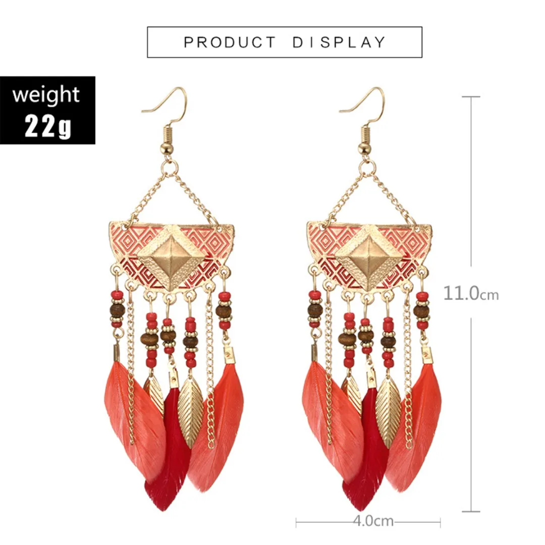 Punk Ethnic Tribal Tassel Beads Feather Dangle Earring Fan Shape Geometric Metal Earring Shellhard Women Statement Jewelry Gift