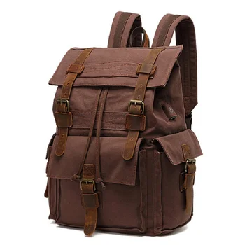 

M291 New Men Canvas Leather Backpacks Vintage 14 Inch Laptop Backpack Male Travel Bag Large External USB Charging School Bag