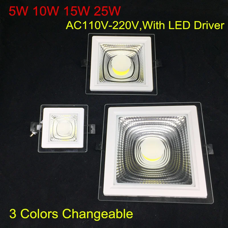 

5W 10W 15W 25W LED COB Panel Light Recessed COB Downlight Glass Cover Spot Light 3 Colors Change (3000K/4000K/6000K) AC110V 220V