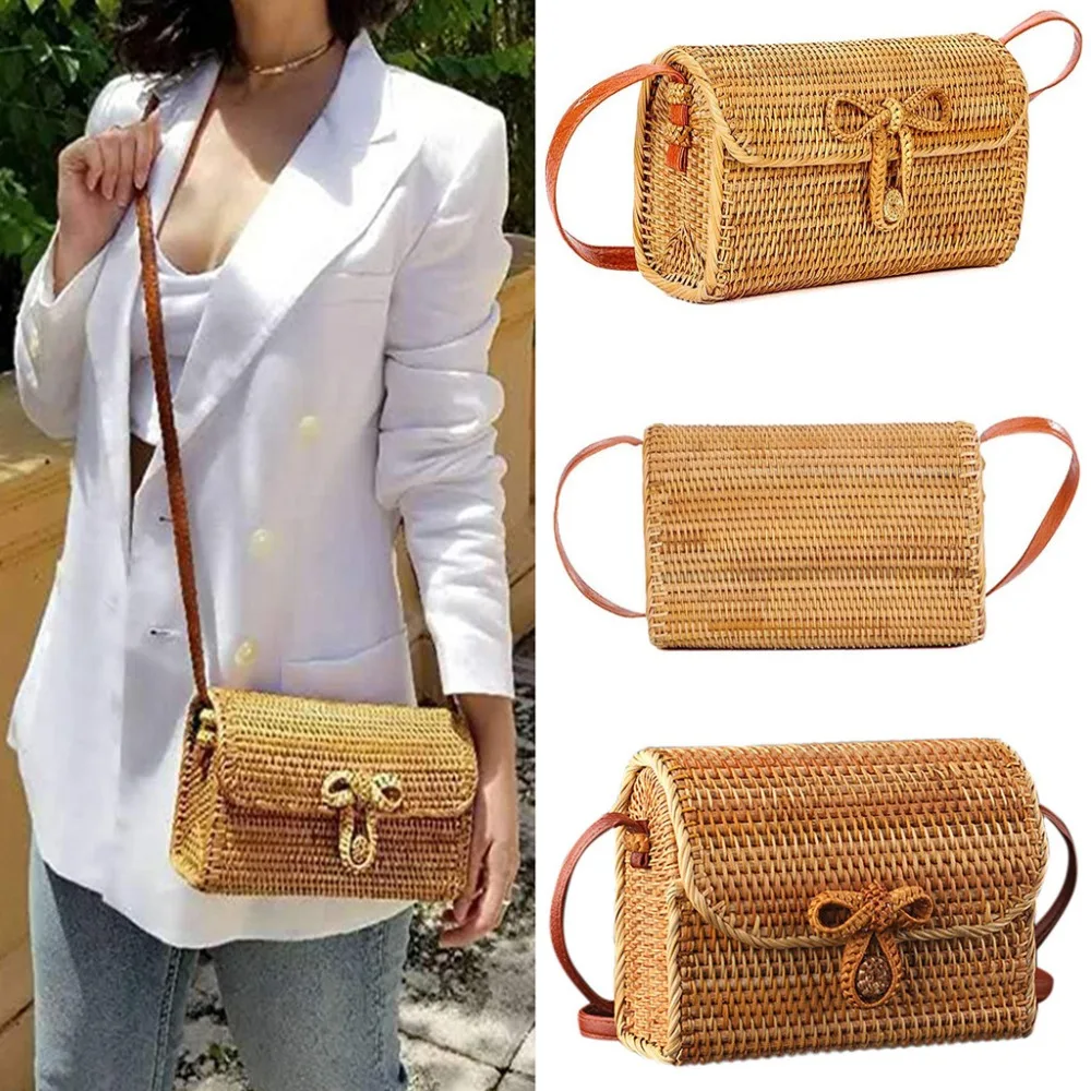 

Womens Bali Retro Rattan Woven Crossbody Bag Handbag Tote Bag with Bow Clasp 0508