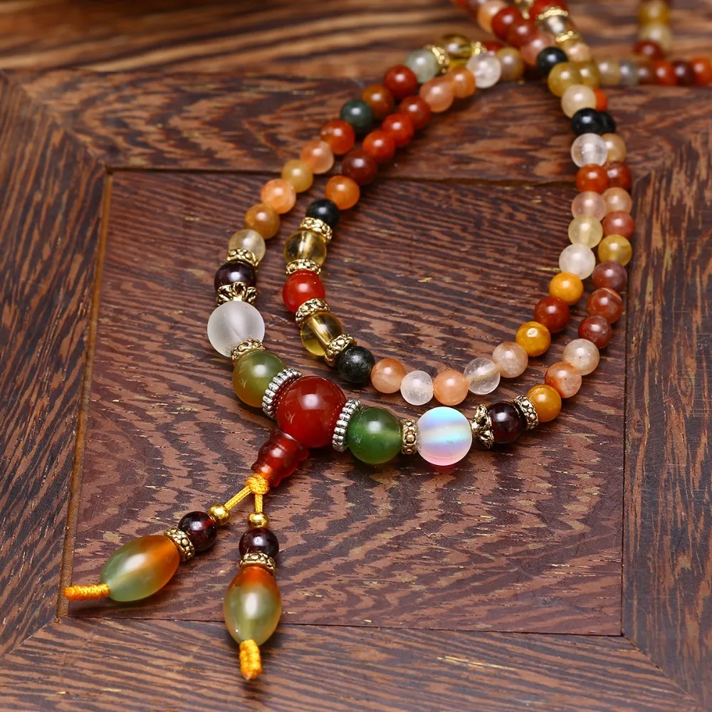 Günstige 108Pcs Gebetskette Mala Armband Halskette Natürliche Bunte Kristall Quarz Perlen Buddhistischen Halskette Armband für Frauen Mädchen