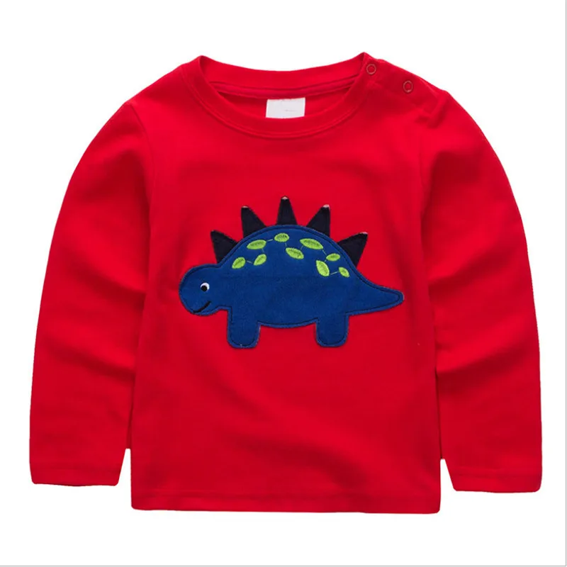 Jumping/Детские футболки для мальчиков; хлопковые топы с изображением животных и динозавров; осенние детские футболки с принтом; футболки с круглым вырезом для малышей; топы для мальчиков; футболки - Цвет: T7082 red dinosaur