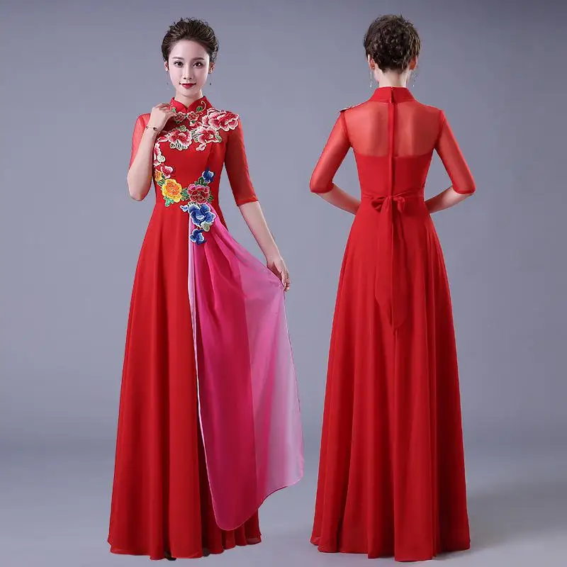 Винтажное новое женское вечернее платье, элегантное Цветочное платье с коротким рукавом Cheongsam, китайское женское платье для выступлений на сцене, платье Qipao размера плюс, 3XL - Цвет: Red