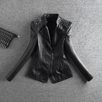 

Rivets Leather Jacket Women Short Slim Motorcycle Jacket 2020 Spring And Autumn Women Coat Fashion Slim Leather Coats Lady