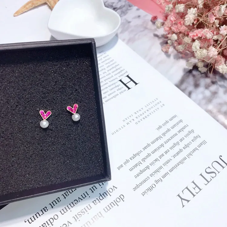 pink cz heart pearl earring 925 silver post Hypoallergenic fadeless fashion jewelry stud earrings for women girl Christmas gift