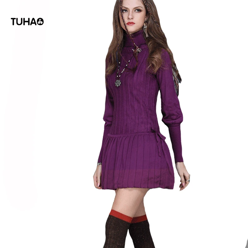 

TUHAO Twist Knitted Winter Dress Women Slim Fit Long Sleeve Turtleneck Keep Warm Casual Pleated Dresses TA6065