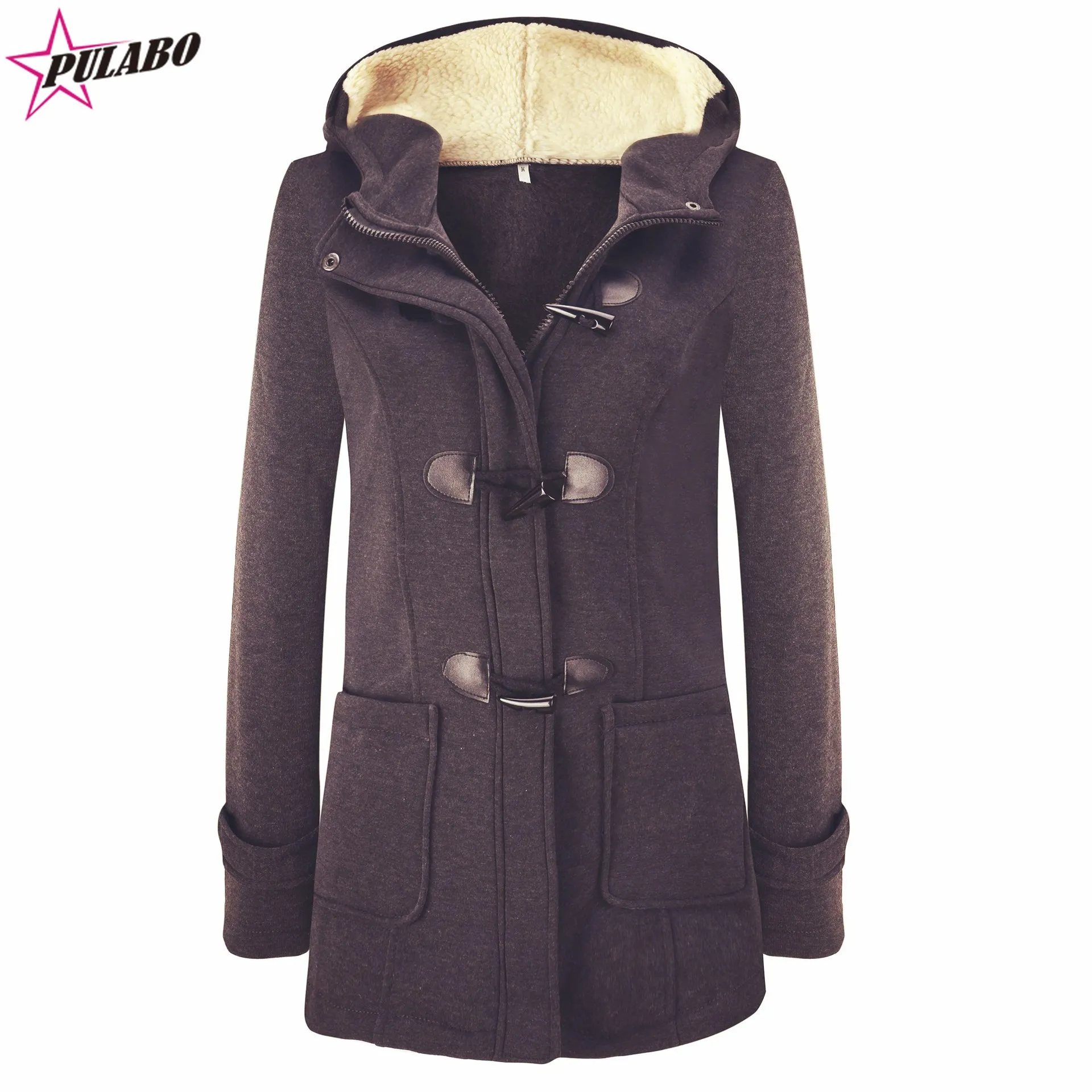 

PULABO Womens Winter Fashion Outdoor Warm Wool Blended Classic Pea Coat Jacket Women Horn Button With Zipper Clothes Hooded