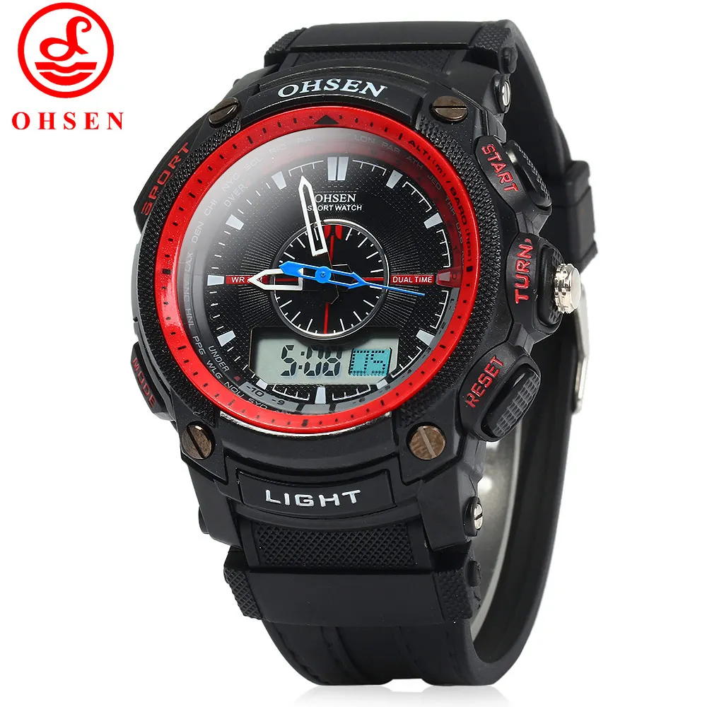

OHSEN Military Army LCD Dual Core Waterproof Alarm Analog Digital Day Date Men's Sport Quartz Wrist Watches Red Dive Watches