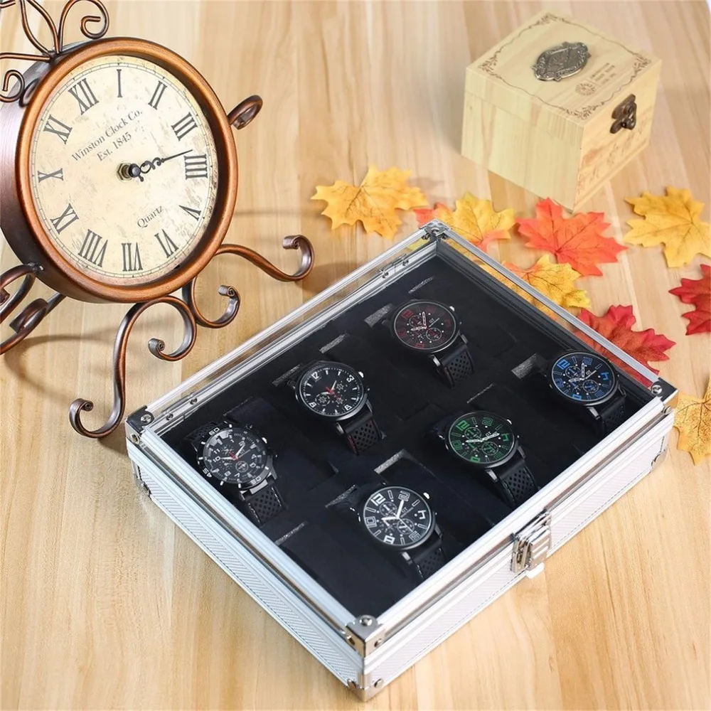 Ювелирные изделия часы коробки шкатулка 12 Сетки Слоты серебро дисплей квадратный корпус алюминий замша внутри контейнер держатель