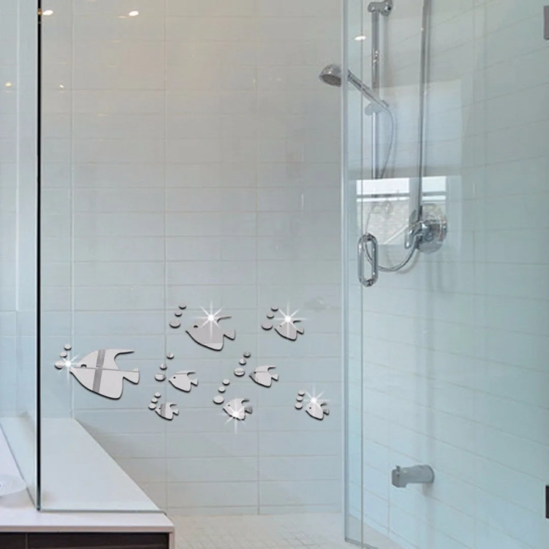 3D Mirror Wall Stickers DIY Removable Set Sea Fish Bubble Mural Decal Acrylic Bathroom Decoration adesivo de banheiro