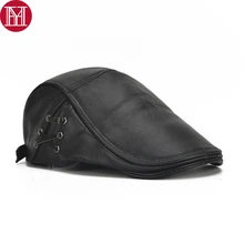 Модные Для мужчин Натуральная телячья кожаные кепки осенне-зимняя мужская Натуральная воловья кожи кожаные кепки с козырьком Повседневное настоящий кожаный берет шапки