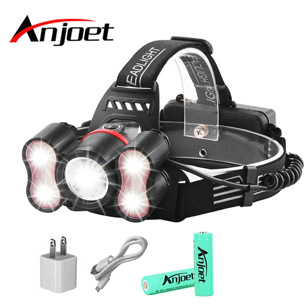 

Anjoet 5 LED super bright LED headlamp led headlighr 4 switch modes fishing lamp Waterproof headlight USB 18650 Battery