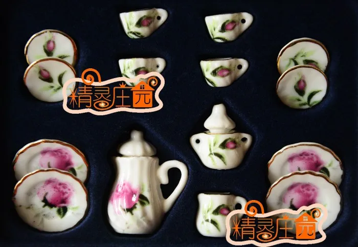 A01-X288 الأطفال طفل هدية لعبة 1:12 دمية مصغرة الأثاث مصغرة rement السيراميك الشاي مجموعة 15 قطعة/المجموعة روز