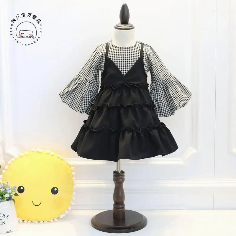 

2018 Spring Girl Long Sleeve Fake Two Pieces Dress Fashion One Piece Plaid Dress