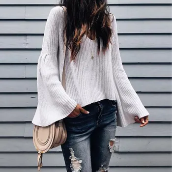 

2019 Rushed Poncho Women Sweaters And Pullovers European And American Trend Solid Color Sexy V-neck Loose Long-sleeved Sweater
