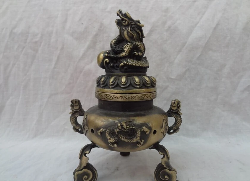 

song voge gem S4375 10" Tibet Bronze Folk Buddhist Dragon Beast Ball Statue Incense Burner Censer