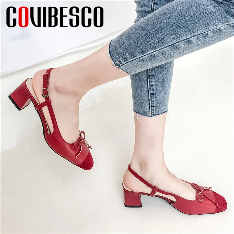 

COVIBESCO 2019 Summer New Vintage Elegant Office Lady Shoes Genuine Leather Buckle Shallow High Heels Women Sandals Basic Shoes