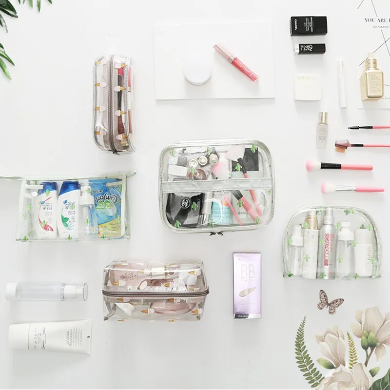 

Transparent Cosmetic Bag PVC Travel Women Cactus Make Up Case Ice Cream Zipper Makeup Beauty Wash Organizer Toiletry Storage Kit