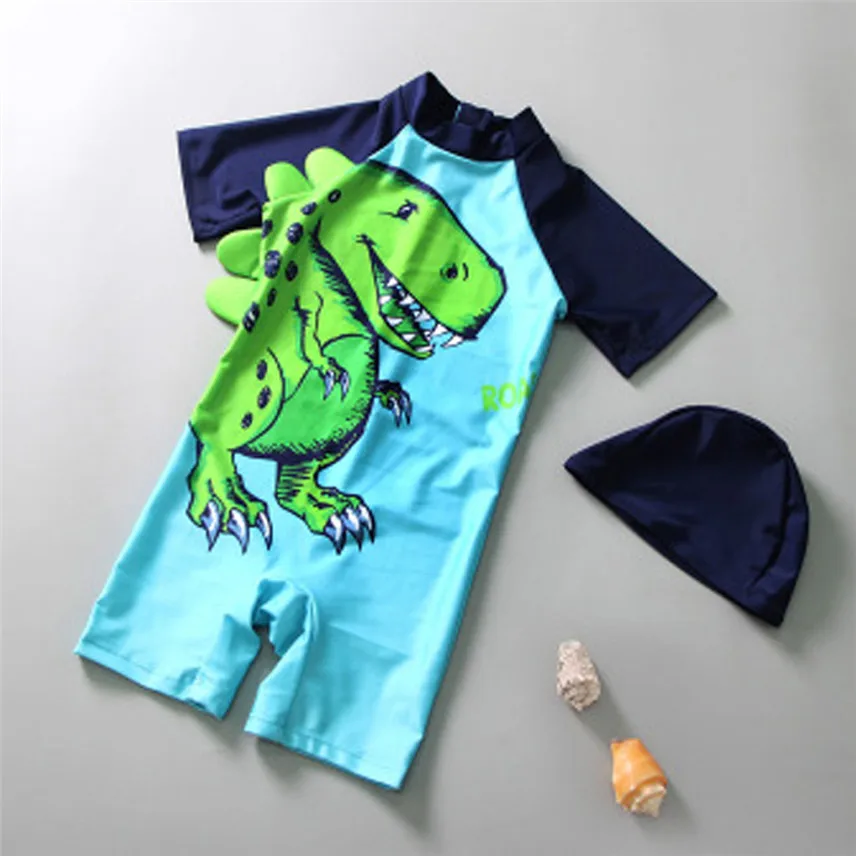 

YANGMAILE Kid Baby Boy 1T-6T Short Sleeve 3D Cartoon One Piece Beach Swimwear + Hat Clothes moda praia banadores Y*