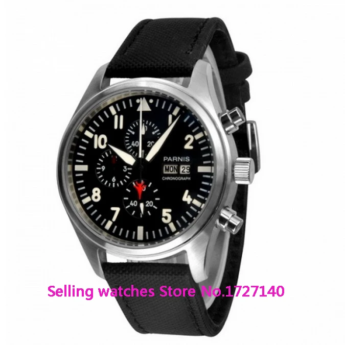 

42mm Parnis Black dial Red second hand Stainless Steel White Marks Quartz Watch