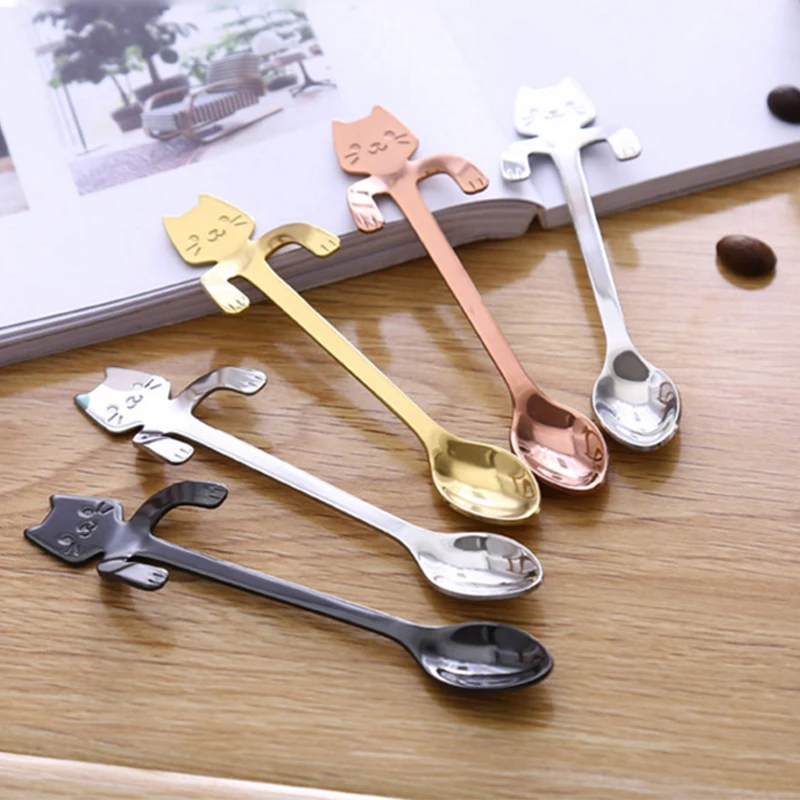 

Mini 304 Gold-plated Stainless Steel Teaspoon Creative Cat Kitty Coffee Cartoon Stirring Spoon Hanging Mug Cup Long Handle Spoon