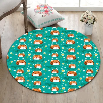 

Funny Little Tiger White Flower Green Leaf Star Round Carpet Baby Child Home Living Room Bedroom Area Carpet Bathroom Mat Kids