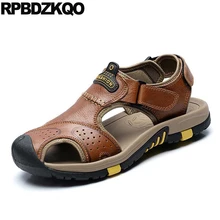 Мужские сандалии кожаное лето мягкий родной закрытый носок дизайнер спорт обувь коричневый на открытом воздухе воды водонепроницаемый кроссовки мода