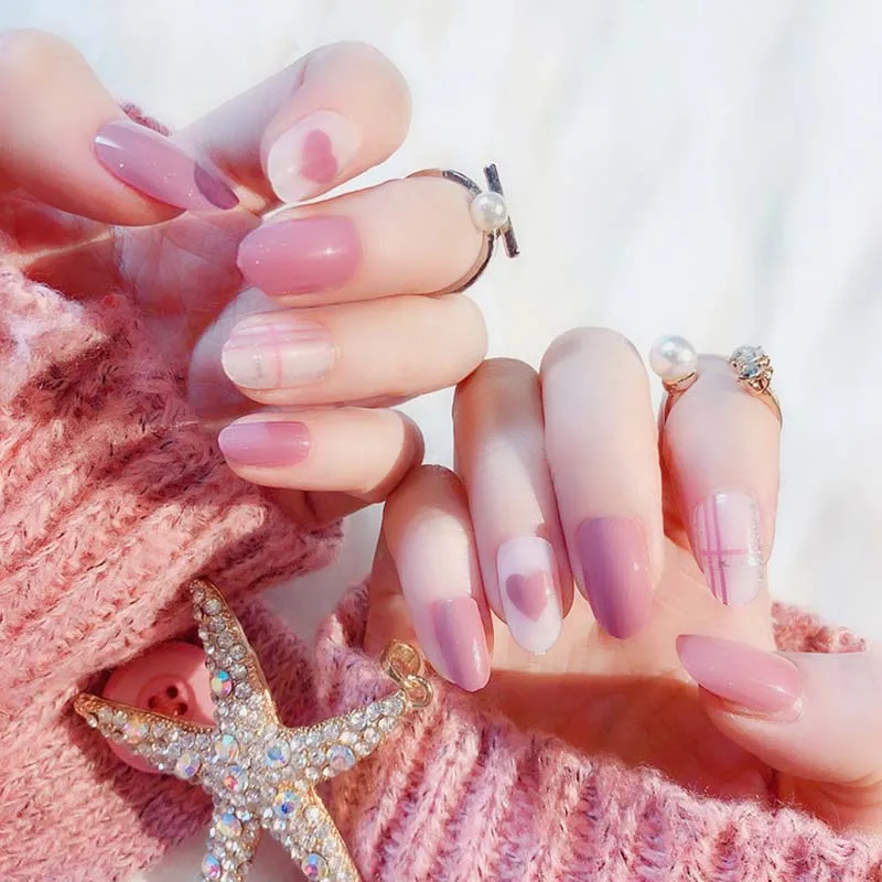 Девушки Сладкий розовый цвет поддельные ногти DIY короткий размер полное покрытие ногтей советы с клеем милый сердце Shap печать искусственные ногти