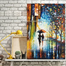 Большой пейзаж, расписанный вручную картина маслом любовник дождь улица дерево лампа на холсте настенное искусство картины для гостиной домашний декор