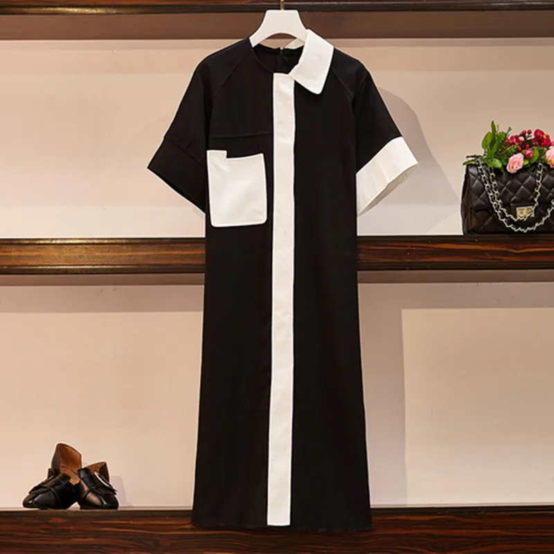 

High Quality 2019 Summer Fashion Designer Runway Dress Women's Plus Size Black White Patchwork Short Sleeve Casual Loose Dress