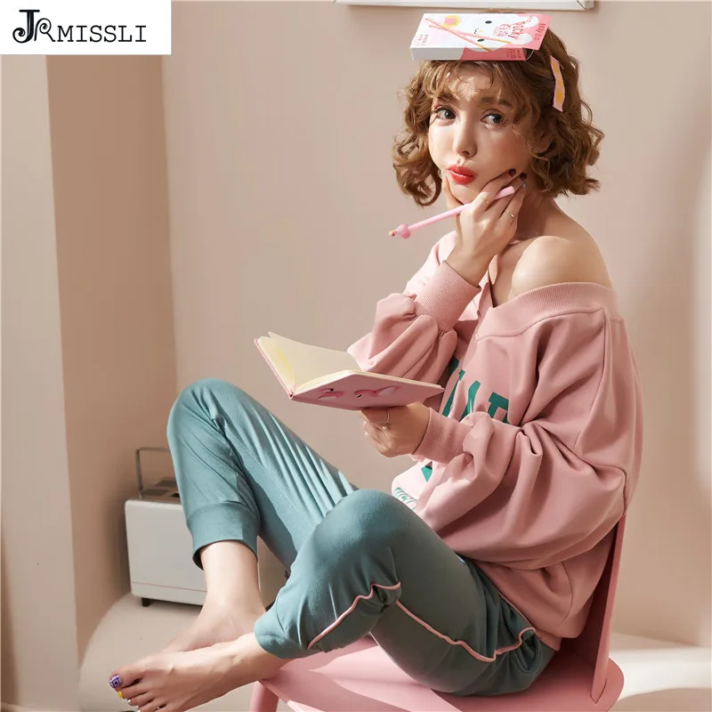 

JRMISSLI Home Clothes 2019 Spring New Sleepwear 100% Cotton High Quality Letter Women Pajamas Sets Home Clothing